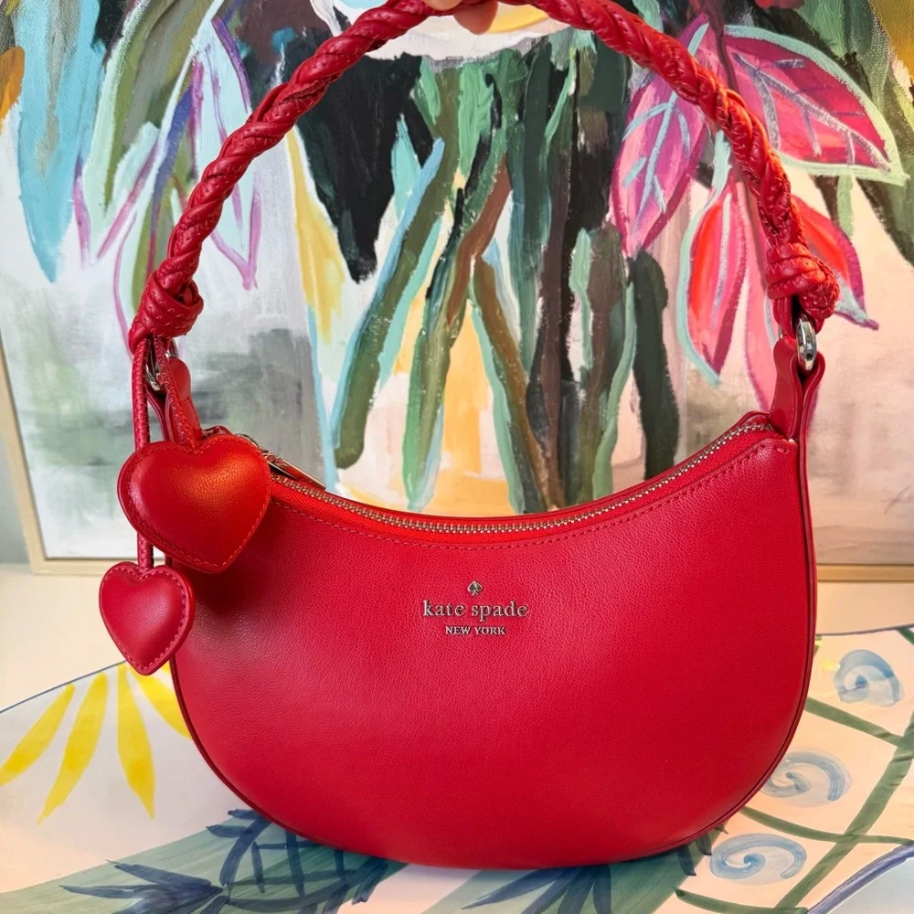 Kate Spade Red heart Nova Braided Handle Small Crescent Shoulder/Crossbody Bag - Picture 1 of 10